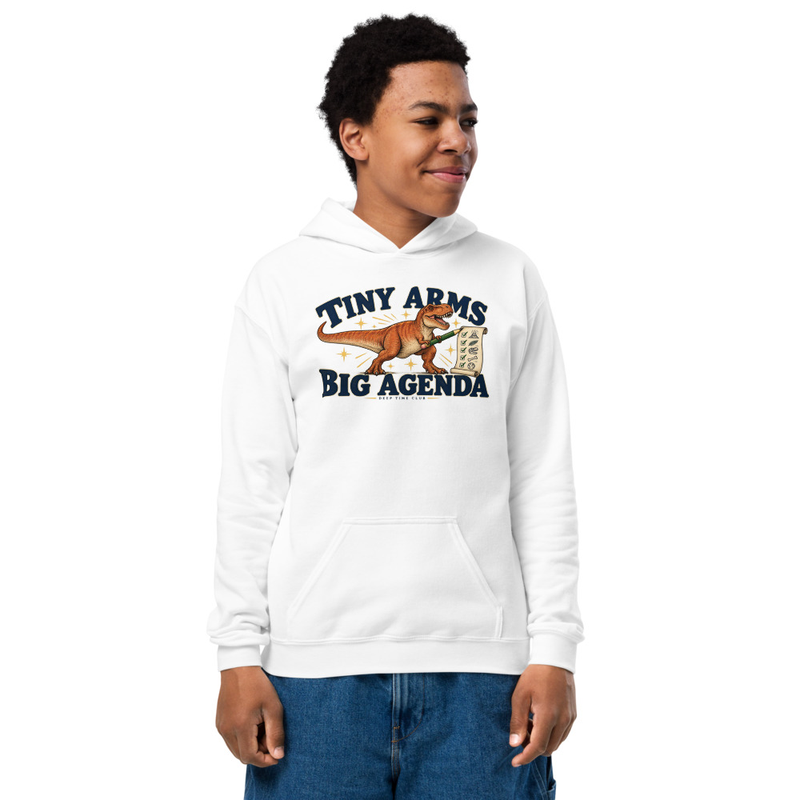 Tiny Arms. Big Agenda. Youth Hoodie supplier-rendered on-body front view in White