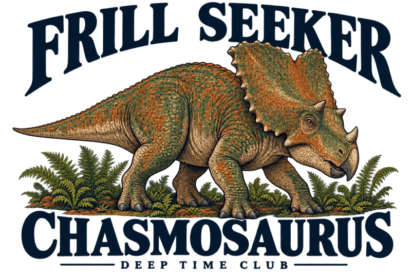 Close view of the original Frill Seeker Chasmosaurus Tee graphic