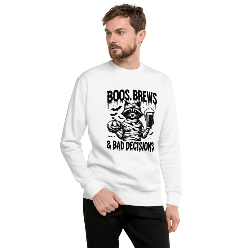 Halloween Raccoon Unisex Premium Sweatshirt Design, Boos Brews and Bad Decisions Funny Mummy Graphic