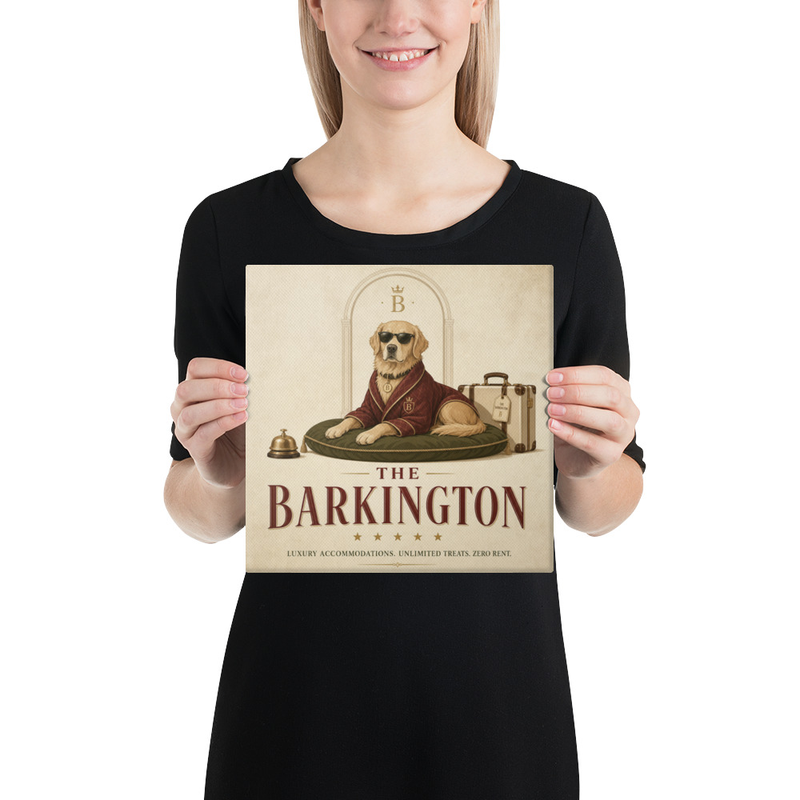 The Barkington canvas art held up in a bright room