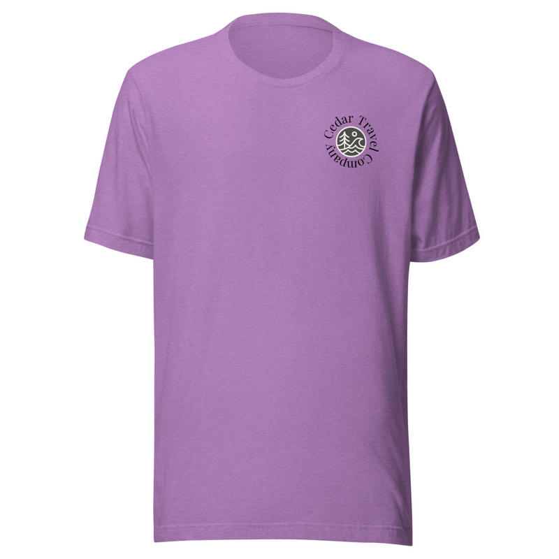 Cedar Travel Company Tee – XS, Heather Team Purple
