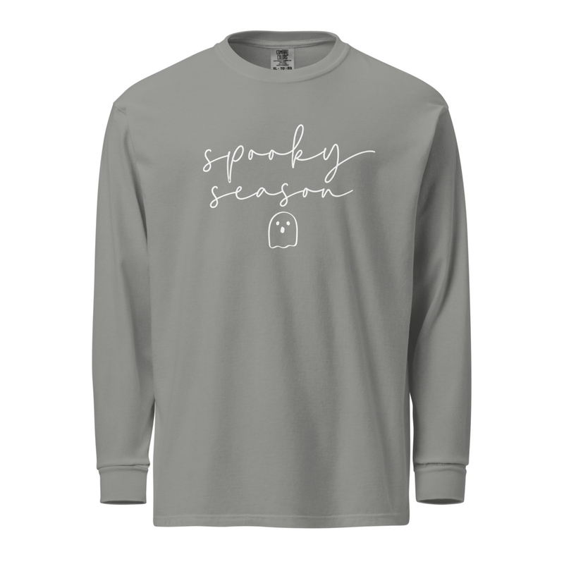Simple Spooky Ghost Long Sleeve- White Text – XL, Grey