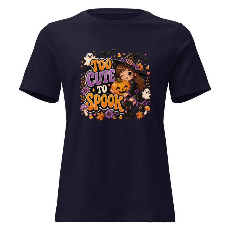 Halloween T-Shirt, Too Cute to Spook Witch Girl Pumpkin Cat Halloween Graphic Tee – view 2
