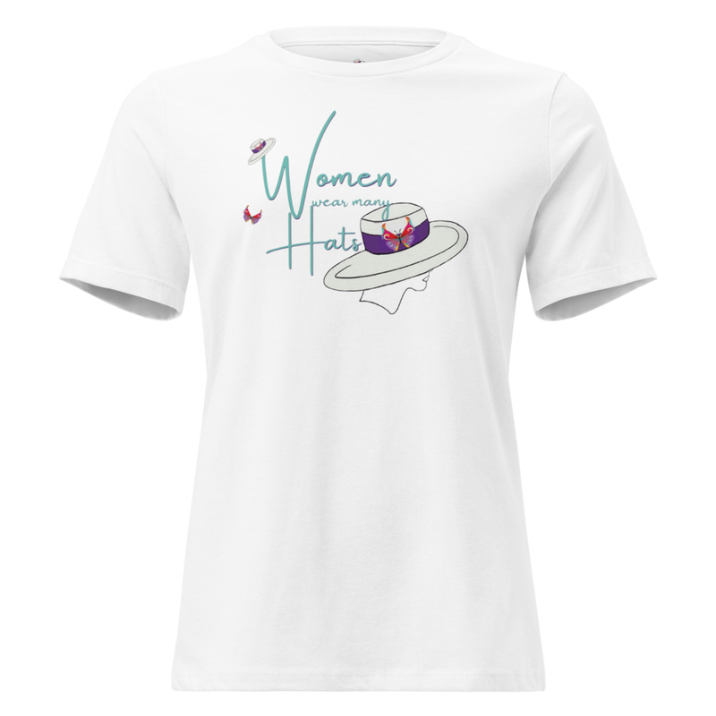 Women's Relaxed T-Shirt - Women Wear Many Hats 2/Back Message – S, White