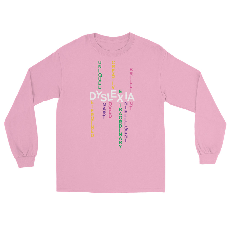 Men’s Long Sleeve Shirt with back print | Dyslexia v2 (Dark Colored) – S, Light Pink