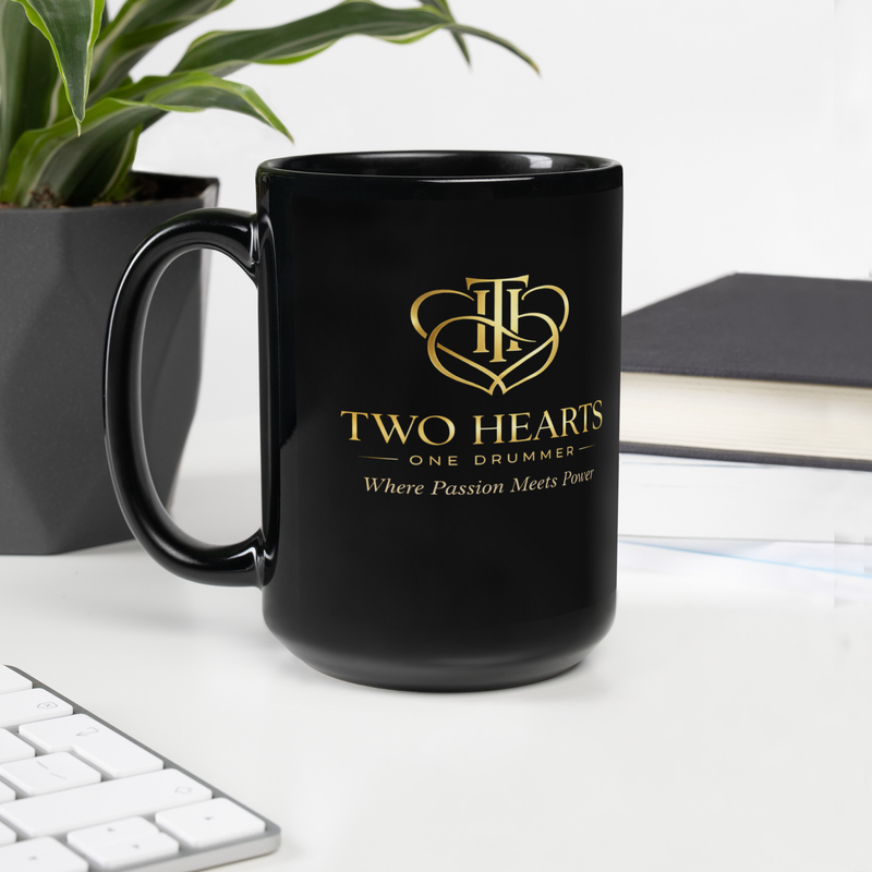 Two Hearts One Drummer Black Glossy Mug