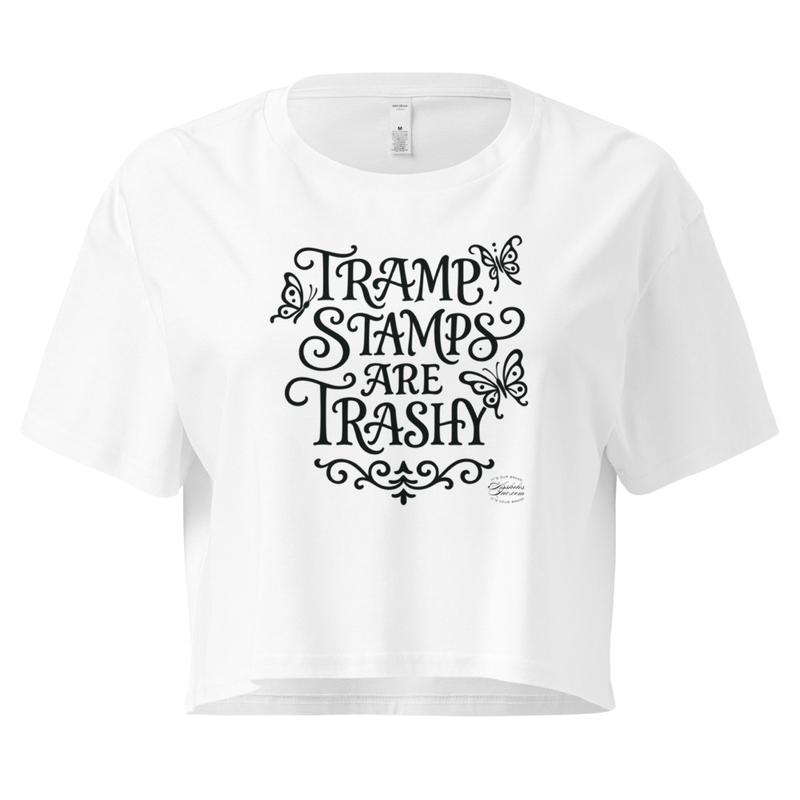 "Tramp Stamps are Trashy" Tramp-Stamped Women’s crop top – XS, White