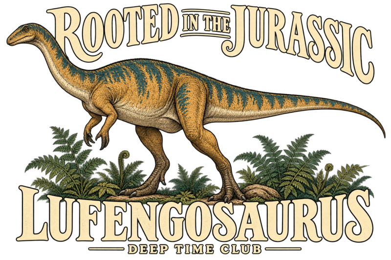 Close view of the original Rooted in the Jurassic Lufengosaurus Long Sleeve graphic