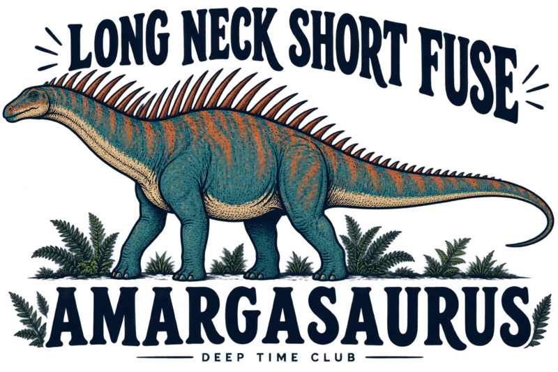 Close view of the original Long Neck Short Fuse Amargasaurus Tee graphic