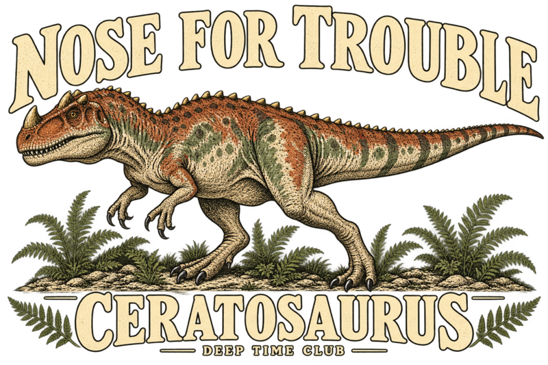 Close view of the original Nose for Trouble Ceratosaurus Tee graphic