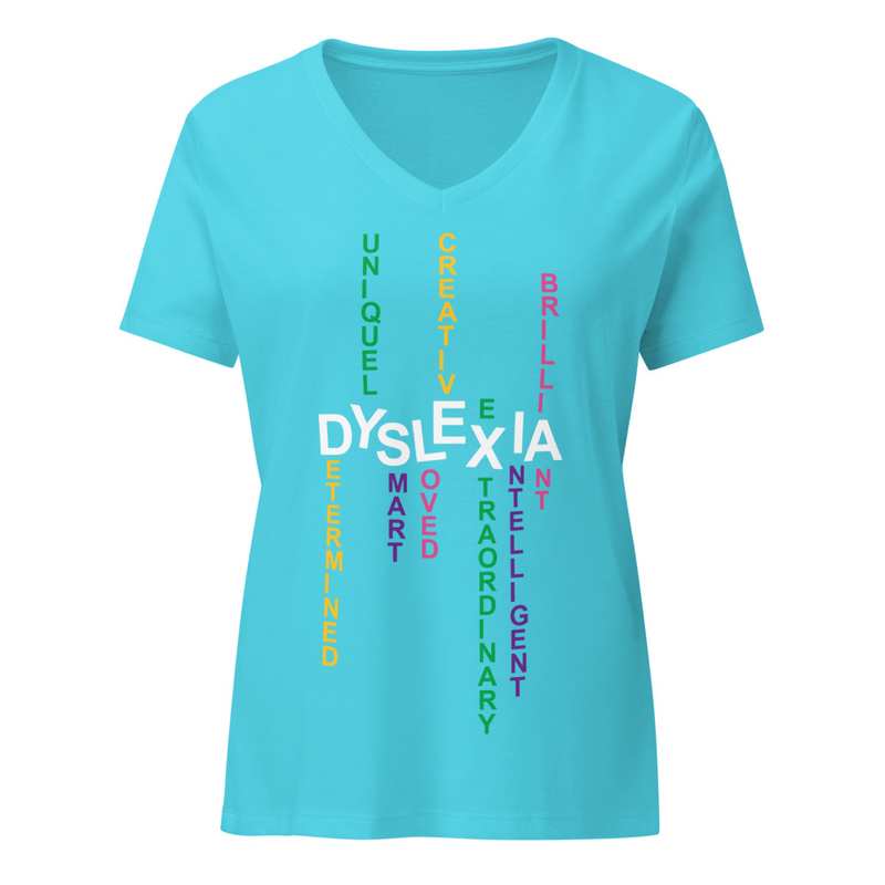 Women’s Relaxed V-neck Shirt with Back Print | Dyslexia v2 – XL, Turquoise