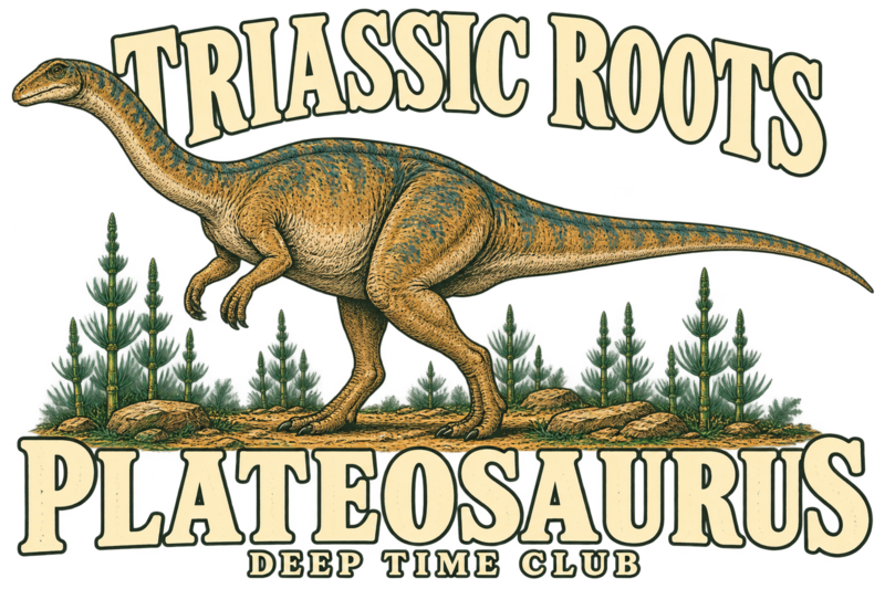 Close view of the original Triassic Roots Plateosaurus Crewneck graphic