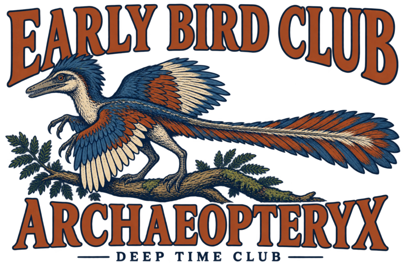 Close view of the original Early Bird Club Archaeopteryx Tee graphic