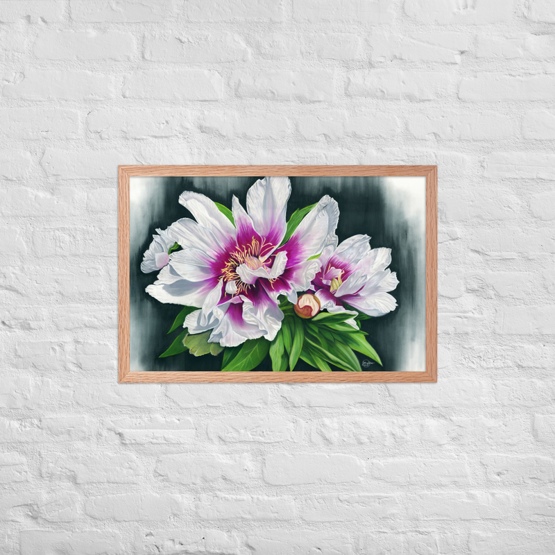 Peony Envy Framed Print – 20″×30″, Red Oak