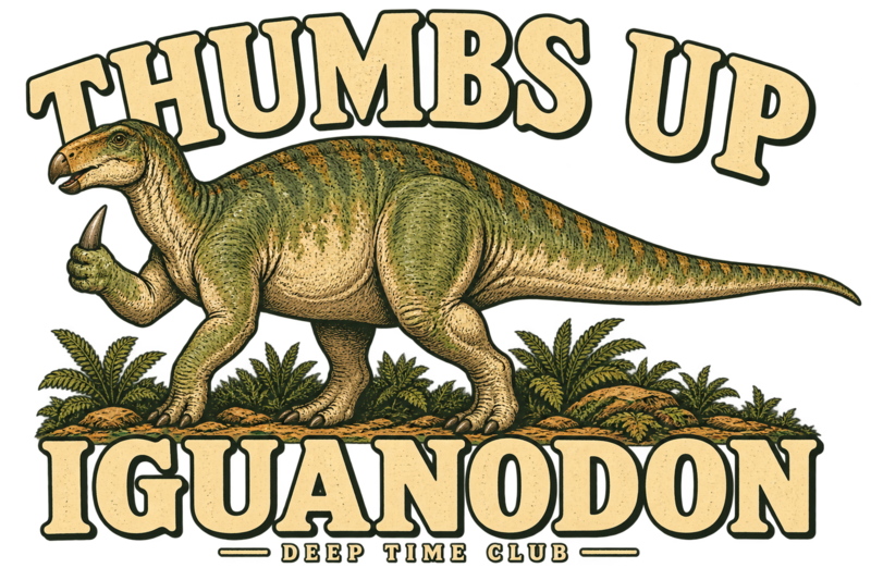 Close view of the original Thumbs Up Iguanodon Long Sleeve graphic