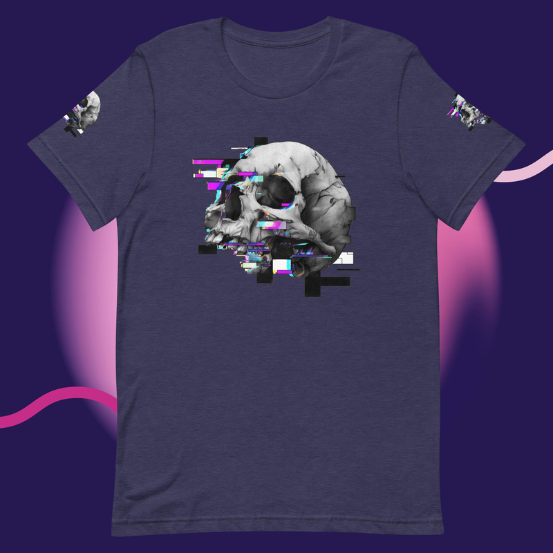 Glitched Skull Tee – Digital Decay Collecti – S, Heather Midnight Navy
