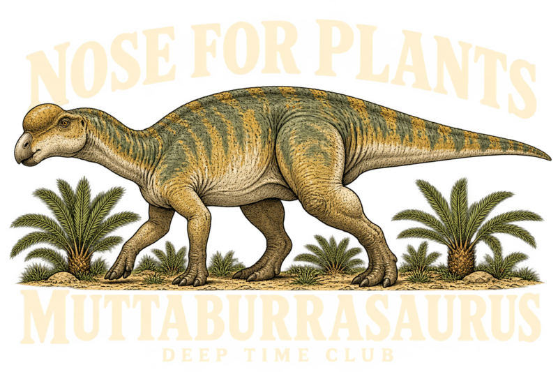 Close view of the original Nose for Plants Muttaburrasaurus Tee graphic