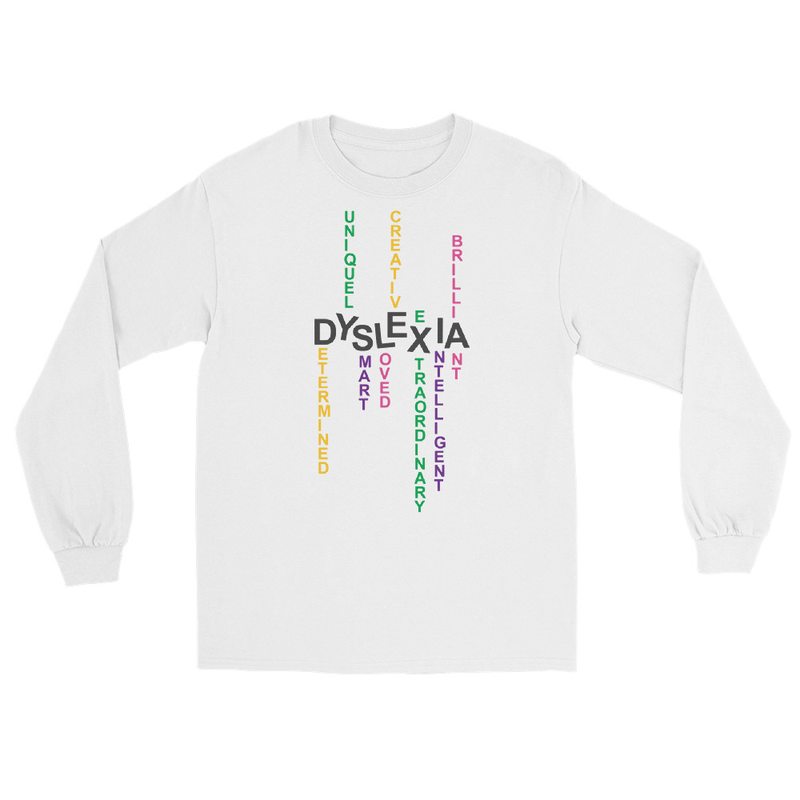Men’s Long Sleeve Shirt with back print | Dyslexia v2 (Light Colored) – XL, White