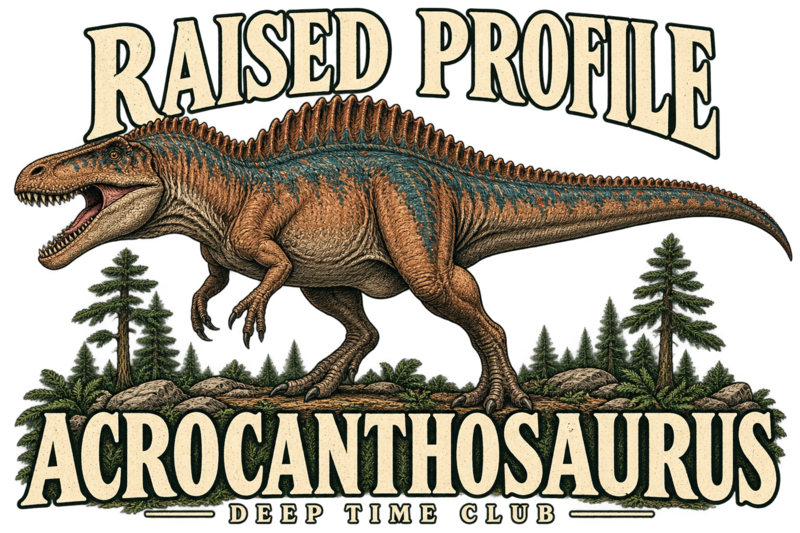 Close view of the original Raised Profile Acrocanthosaurus Long Sleeve graphic