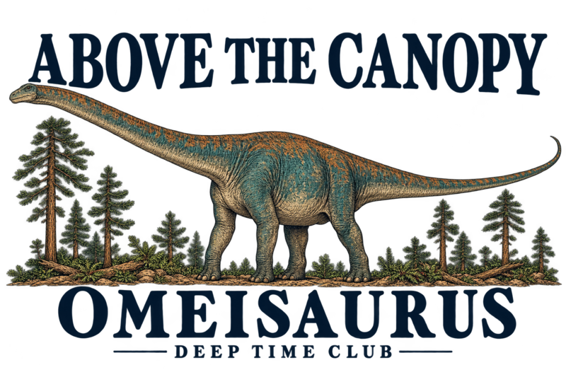 Close view of the original Above the Canopy Omeisaurus Tote graphic