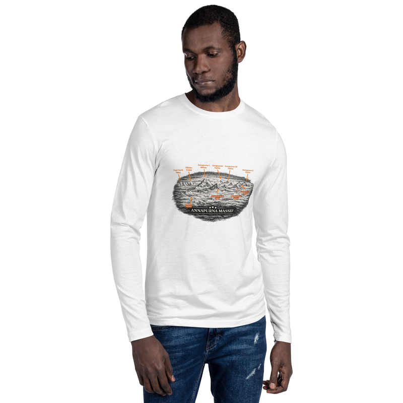 Annapurna Massif: Long Sleeve Fitted Crew | Himalayan Peaks Illustration / White / S