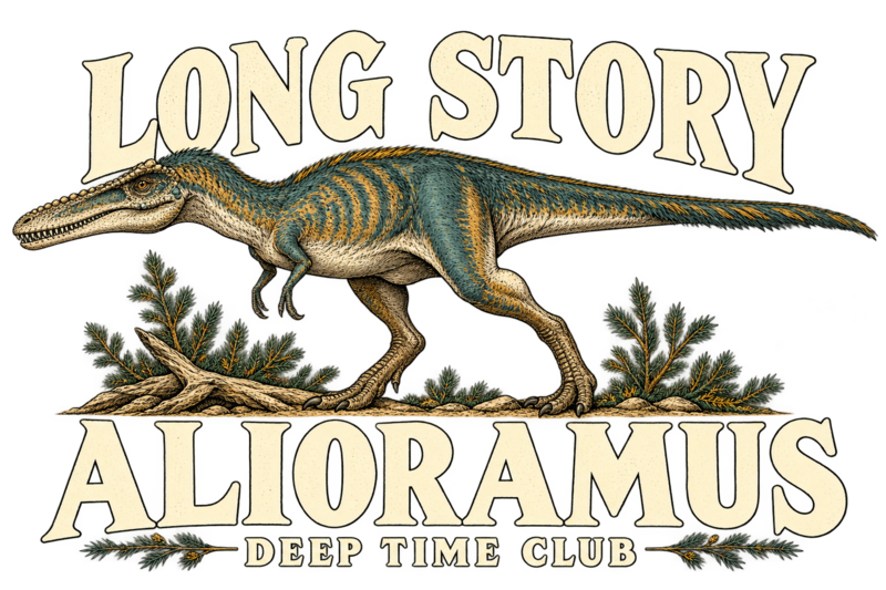 Close view of the original Long Story Alioramus Long Sleeve graphic