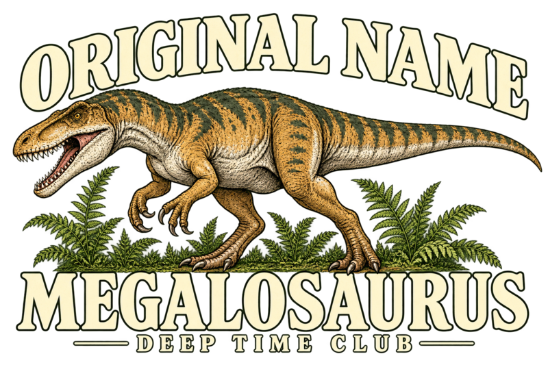 Close view of the original Original Name Megalosaurus Crewneck graphic