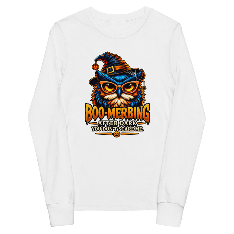 “You Don’t Scare Me” Youth Long Sleeve Tee — BOOMERBING AFTER DARK™ – S, White