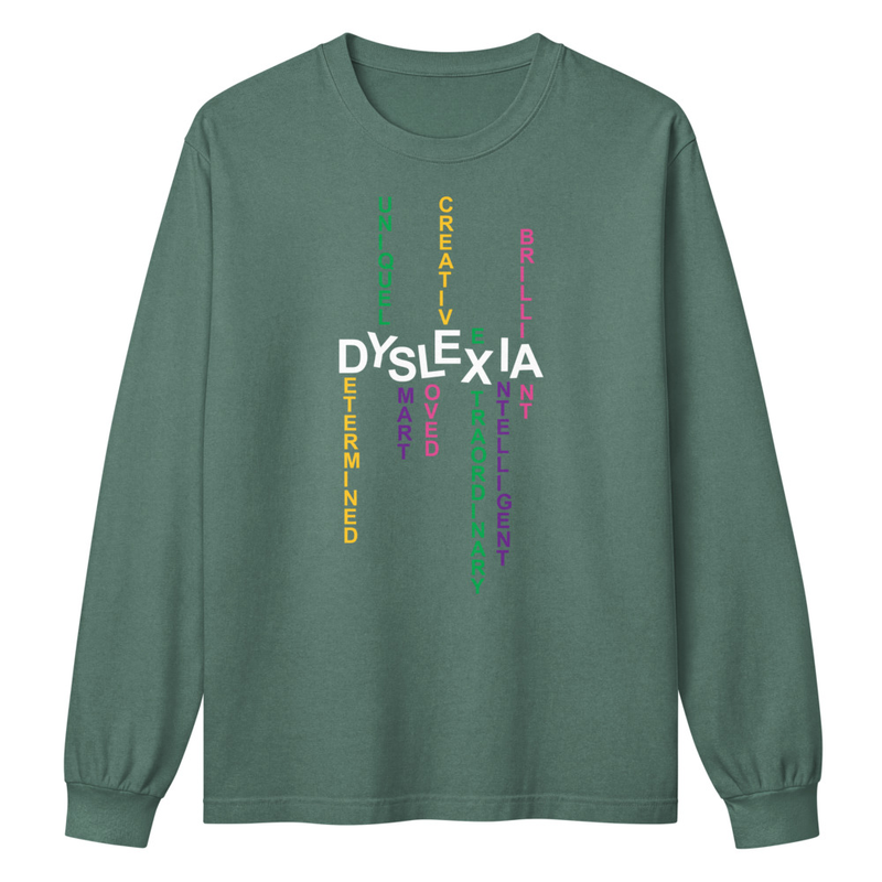 Unisex Long Sleeve Tee with Back Print | Dyslexia v2 – XL, Washed Pine