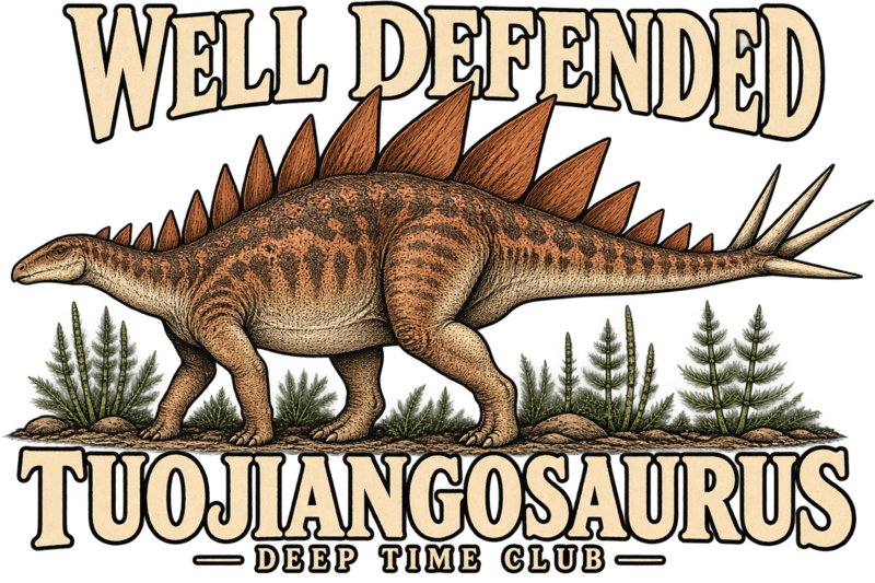 Close view of the original Well Defended Tuojiangosaurus Crewneck graphic