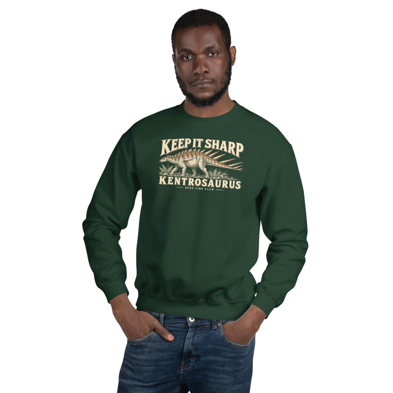 Keep It Sharp Kentrosaurus Crewneck supplier-rendered on-body front view in Forest Green