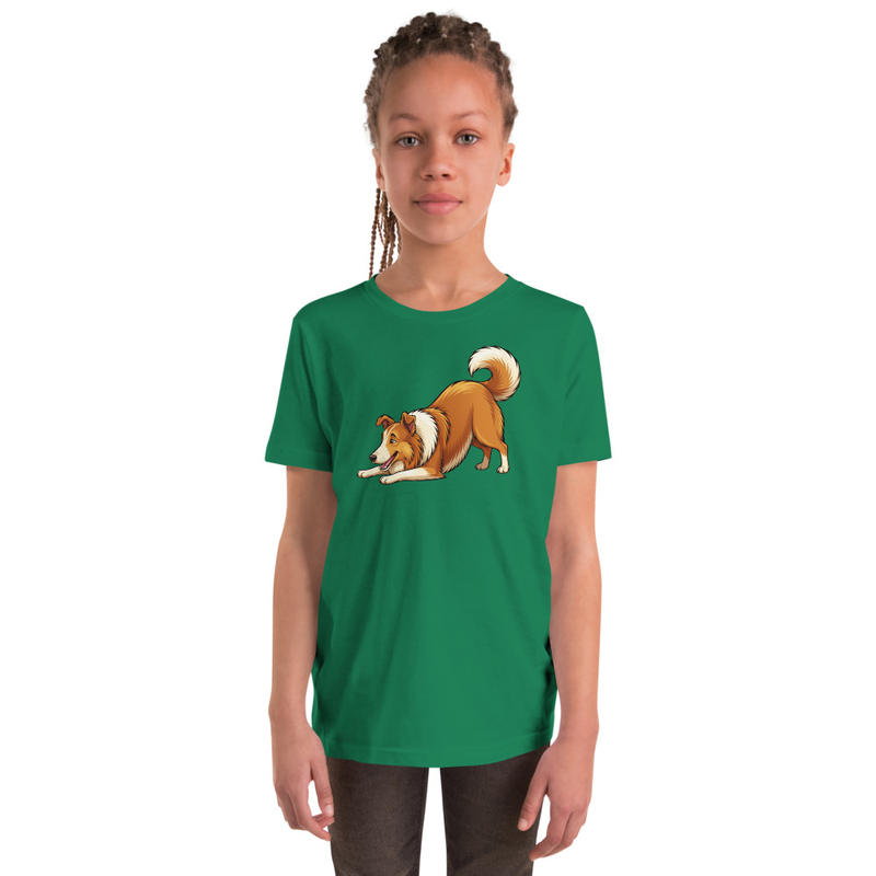 Downward Dog Sheltie Yoga Youth T-Shirt — Shetland Sheepdog