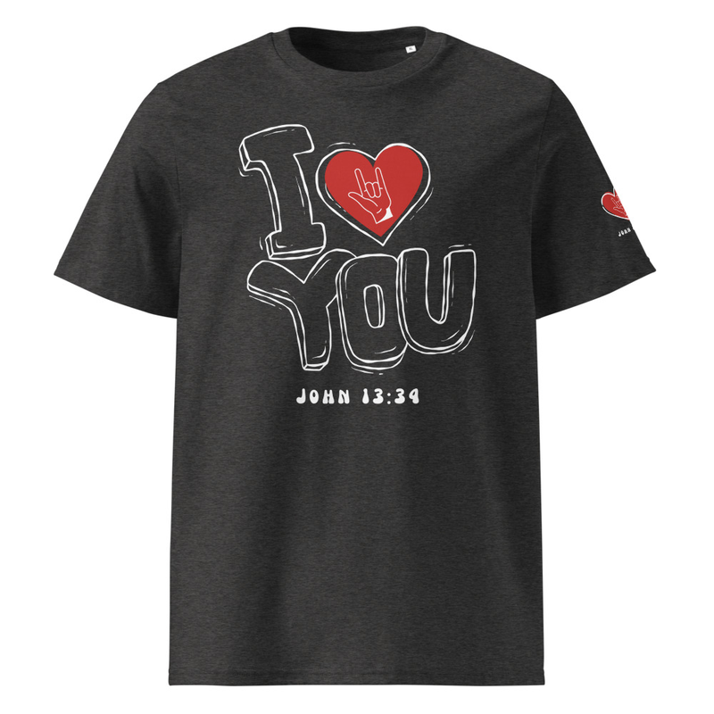 I Love you Unisex organic ribbed neck t-shirt – S, Dark Heather Grey