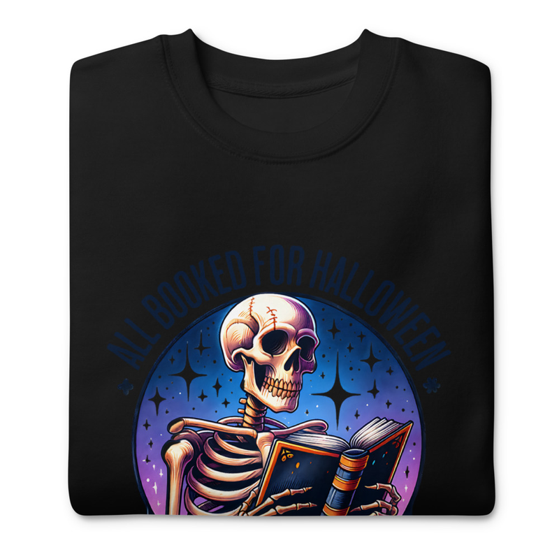 Halloween T-Shirt Skeleton Reading Book Design, All Booked for Halloween Gothic Reader Shirt – view 2