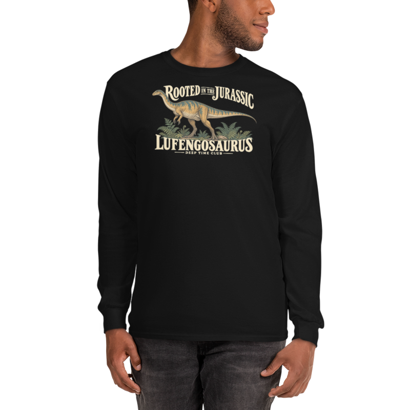 Rooted in the Jurassic Lufengosaurus Long Sleeve supplier-rendered on-body front view in Black