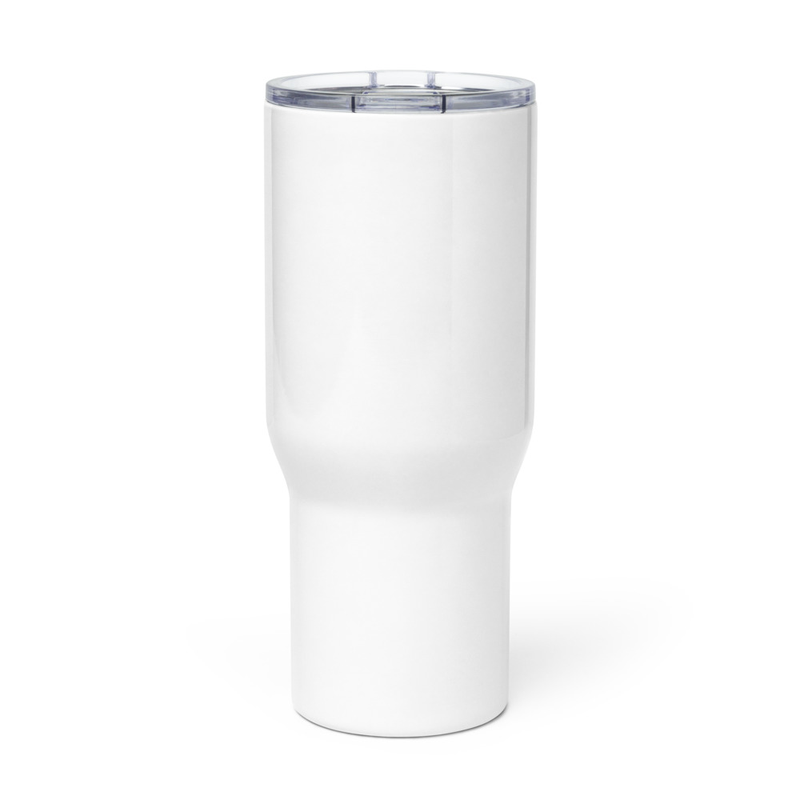 Plain white insulated travel tumbler with clear plastic lid