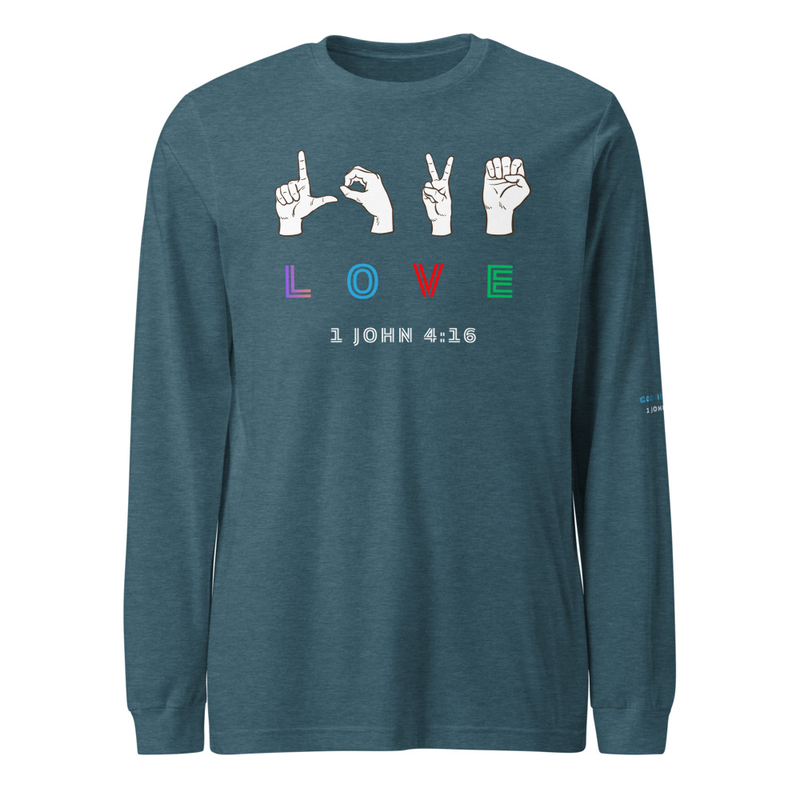 LOVE Unisex Long Sleeve Tee – XS, Heather Deep Teal
