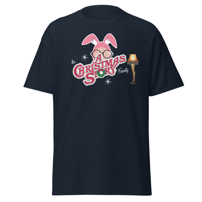 The A Christmas Story Family” Bunny Suit Logo Tee – S, Navy