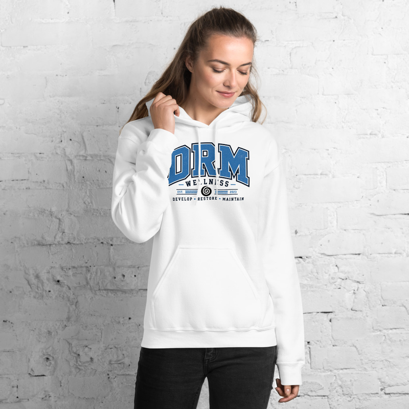 DRM Athletics Varsity Hoodie | Develop. Restore. Maintain. – 5XL, White
