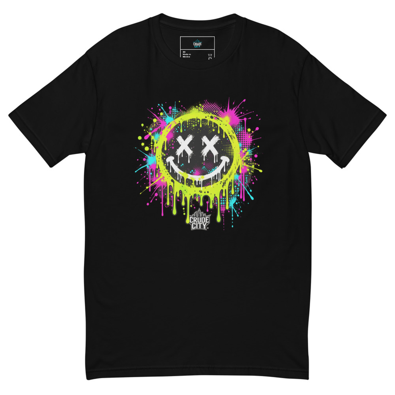 Acid Yellow Drippy Rave Smiley — Black T-shirt — supplier product preview