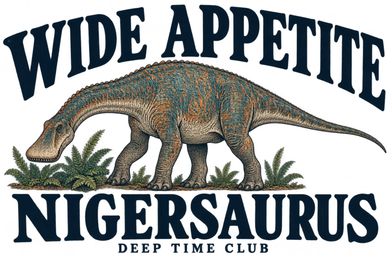 Close view of the original Wide Appetite Nigersaurus Tote graphic