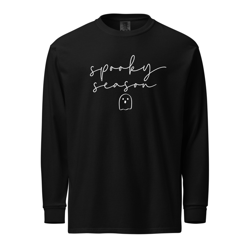 Simple Spooky Ghost Long Sleeve- White Text – M, Black