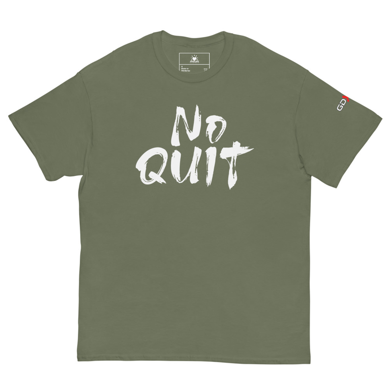 "No Quit" GDXFit Shoulder Unisex Classic Tee (shoulder logo) – S, Military Green