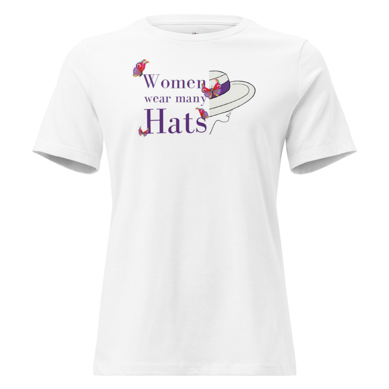 Women's Relaxed T-Shirt - Women Wear Many Hats/Back Message – S, White