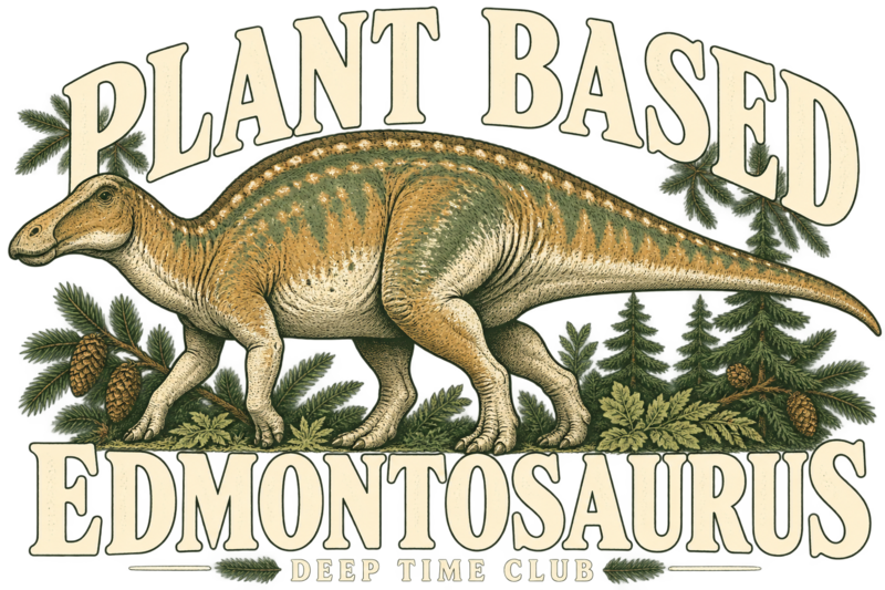 Close view of the original Plant Based Edmontosaurus Crewneck graphic