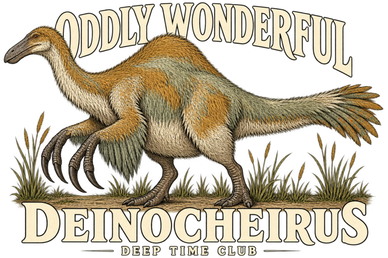 Close view of the original Oddly Wonderful Deinocheirus Hoodie graphic