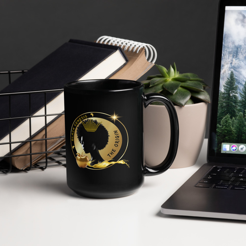 "Black Genesis. The Origin." Exquisite Black Glossy Mug – 15 oz, Black