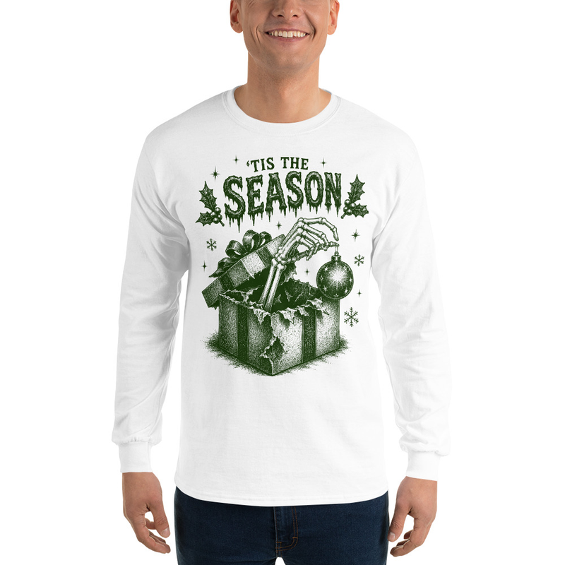 Skeleton Christmas Long Sleeve Shirt, Vintage-Inspired Gothic Design in Evergreen – S, White