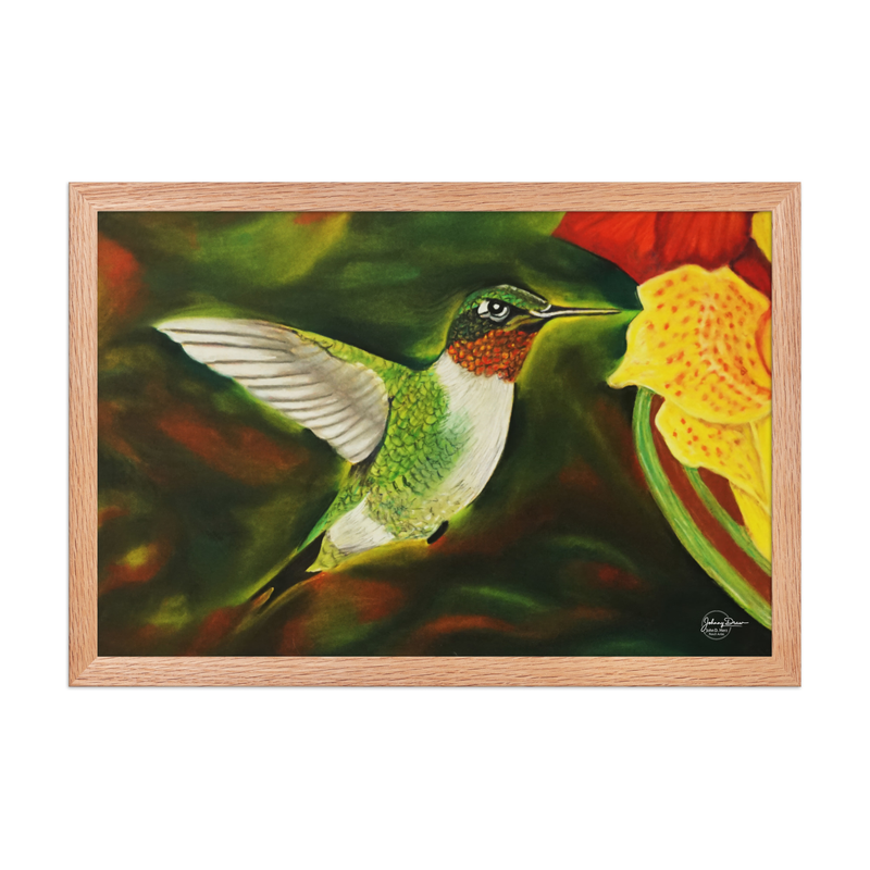 Hummingbird 2 Framed Print – 12″×18″, Red Oak