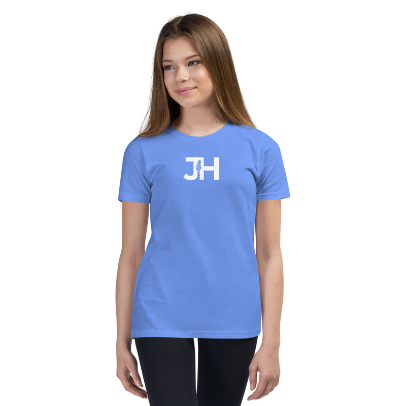 White JH Logo Youth Short Sleeve T-Shirt – S, Heather Columbia Blue